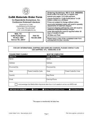 CoDA Materials Order Form