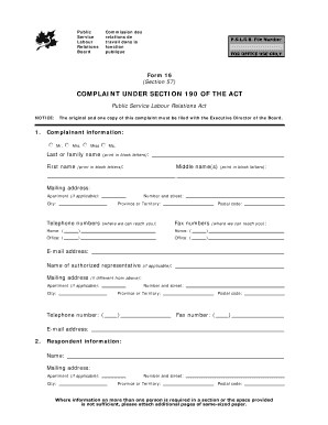 Formulaire de plainte en vertu de l'article 190 de la Loi sur les relations de travail dans la fonction publique