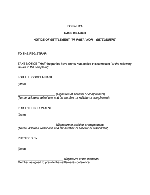 Notice of Settlement Form 12A