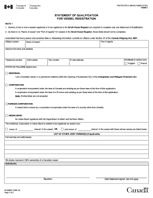 Statement of Qualification for Vessel Registration