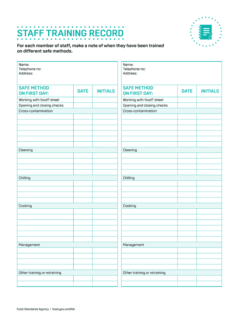 Fillable Online STAFF TRAINING RECORD Food Standards Agency Fax Email