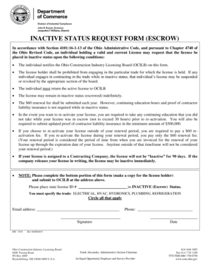 Inactive Status Request Form for Ohio Construction License