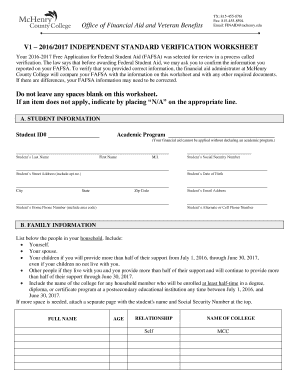 2016-2017 Independent Standard Verification Worksheet