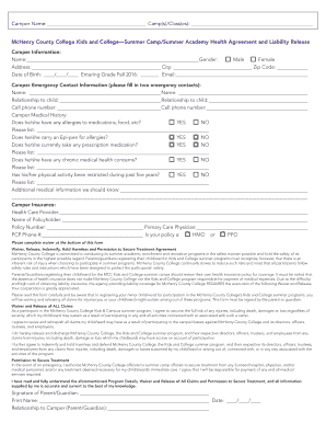 McHenry County College Kids and College Summer Camp Health Agreement and Liability Release