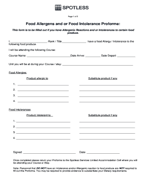 Food Allergens and Intolerance Proforma