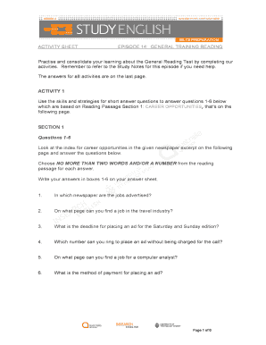 General Training Reading Activity Sheet