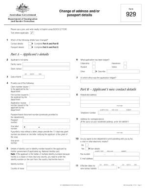 Australian Visa Change of Address and Passport Details Form 929