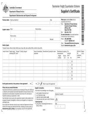 Tasmanian Freight Equalisation Scheme Supplier Certificate