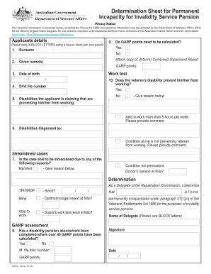 Determination Sheet for Permanent Incapacity for Invalidity Service Pension