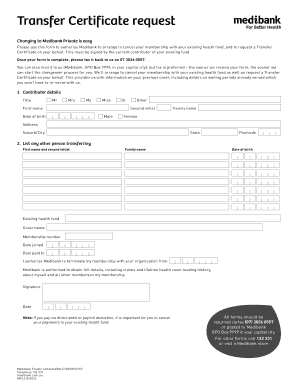 Medibank Transfer Certificate Request