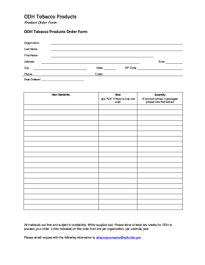 ODH Tobacco Products Order Form
