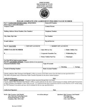 Ohio Electronic Funds Transfer Authorization Agreement