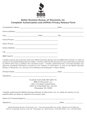 BBB Wisconsin Complaint Authorization Form