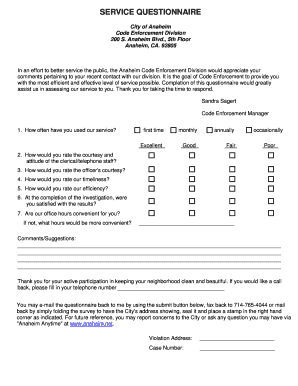 City of Anaheim Code Enforcement Service Questionnaire