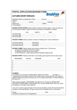 UK Autumn Short Break Holiday Booking Form