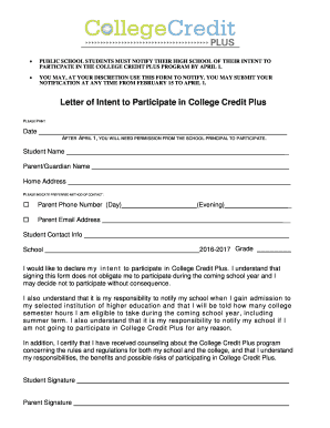 Letter of Intent to Participate in College Credit Plus