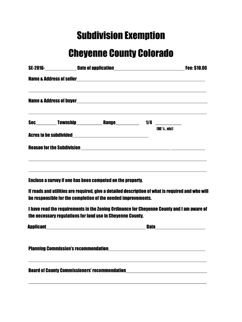 Fillable Online co cheyenne co Subdivision Exemption Cheyenne County