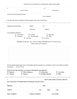 Certificate in Support of Experience Qualifications