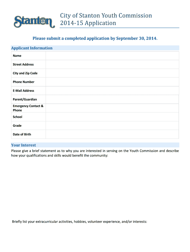 Fillable Online ci stanton ca City of Stanton Youth Commission 201415