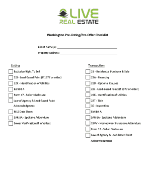 Washington Pre-Listing/Pre-Offer Checklist