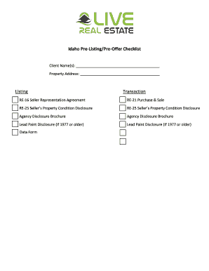 Idaho Pre-Listing/Pre-Offer Checklist