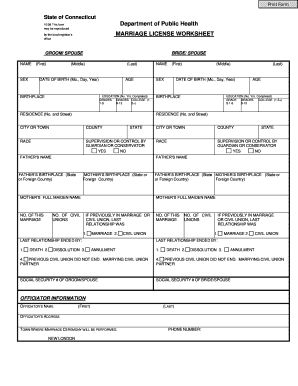 Connecticut Marriage License Worksheet