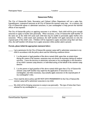 City of Gainesville Sunscreen Policy Consent Form