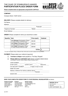Duke of Edinburgh's Award Participation Place Order Form