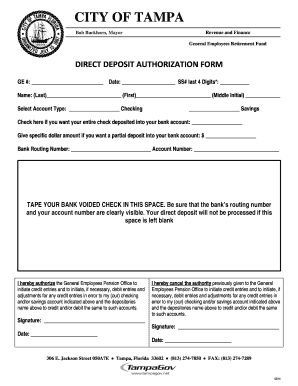 City of Tampa Direct Deposit Authorization Form