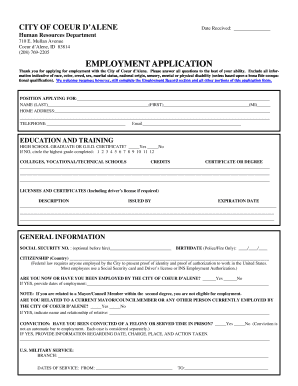 City of Coeur d'Alene Employment Application
