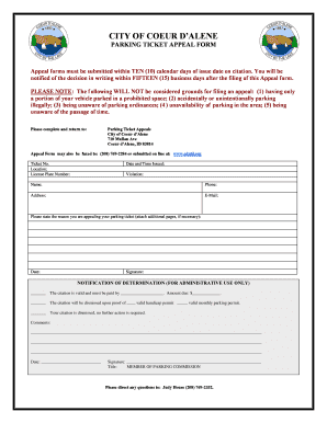City of Coeur d'Alene Parking Ticket Appeal Form