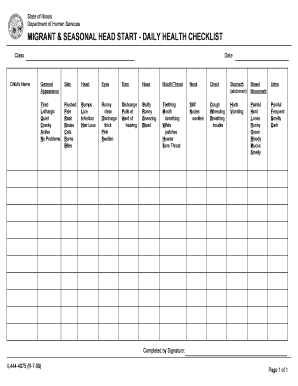 Migrant Seasonal Head Start Daily Health Checklist