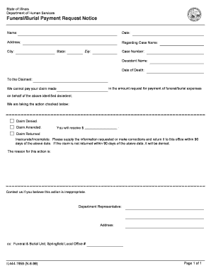Illinois Funeral Burial Payment Request Notice