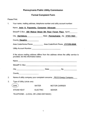 Pennsylvania Utility Rate Complaint Form