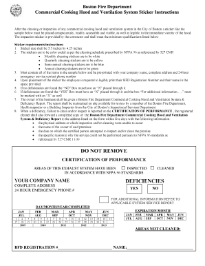 Boston Fire Department Commercial Cooking Hood Sticker Instructions