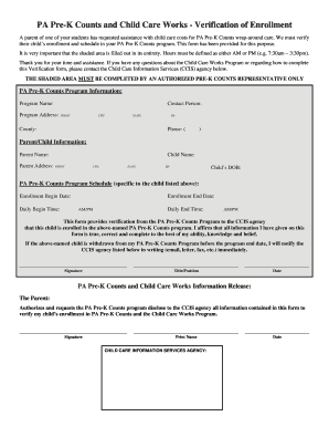 PA Pre-K Counts Enrollment Verification Form