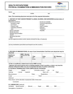 Health Occupations Physical Exam and Immunization Record