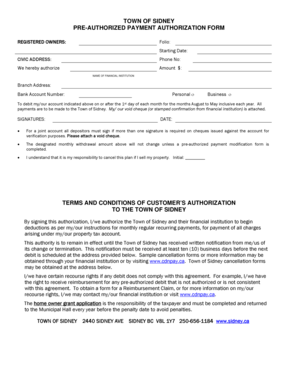 Town of Sidney Pre-Authorized Payment Authorization Form