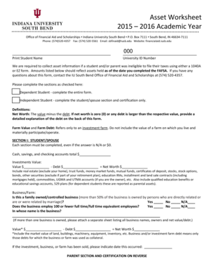 Asset Worksheet for Financial Aid