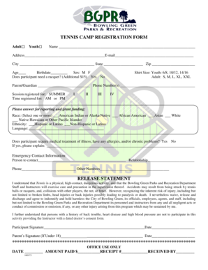 Tennis Camp Registration Form