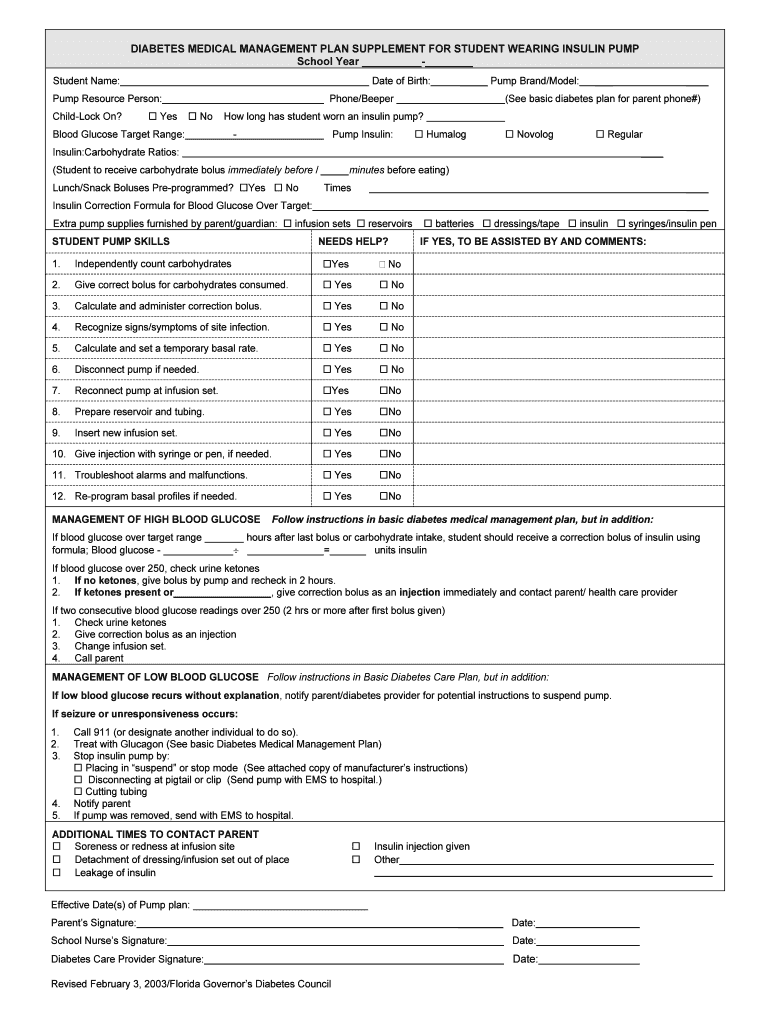 Fillable Online main diabetes DIABETES CARE PLAN SUPPLEMENT FOR STUDENT