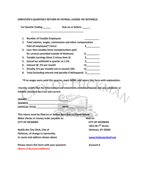 Employer's Quarterly Payroll License Fee Withheld