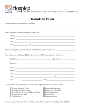 Hospice of the East Bay Donation Form