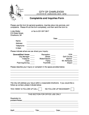 City of Charlevoix Complaints and Inquiries Form