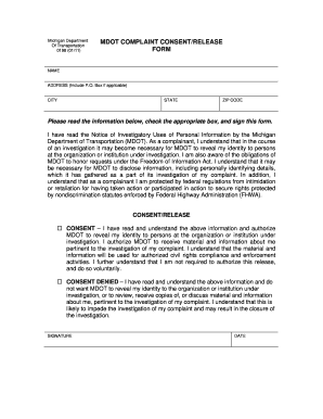 Michigan MDOT Complaint Consent/Release Form