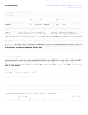 Academic Reference Form for Psychology Programs