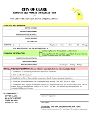 City of Clare Utility Bill Automatic Payment Enrollment Form