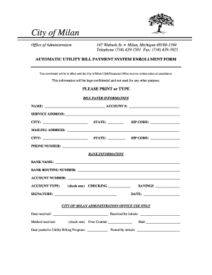 City of Milan Utility Bill Payment Enrollment Form