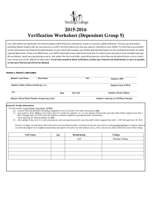 2015-2016 Verification Worksheet (Dependent Group 5)