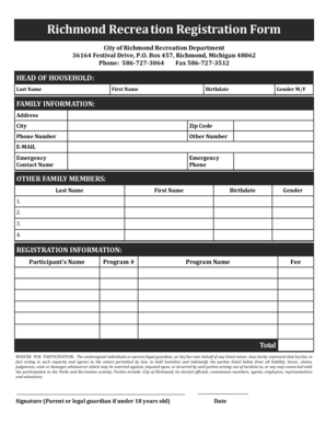 Richmond Recreation Registration Form